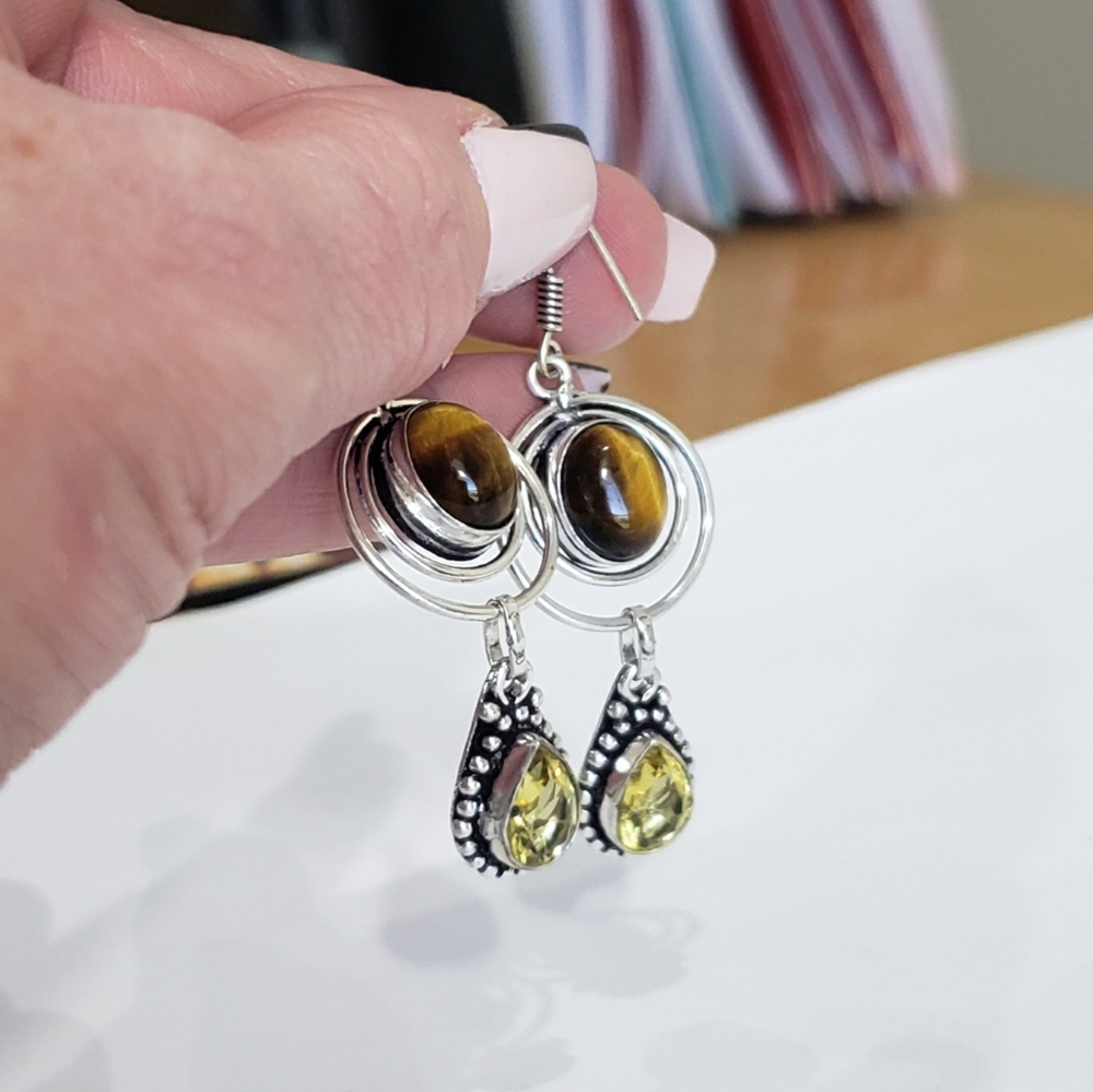 Tiger eye earrings, 925 silver tiger eye citrine dangle earrings - Picture 12 of 12